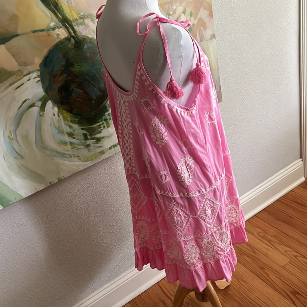 Pranella Dress Embroidered Pink Cover Up Greek Tasseled Size 2 / medium - Picture 9 of 17